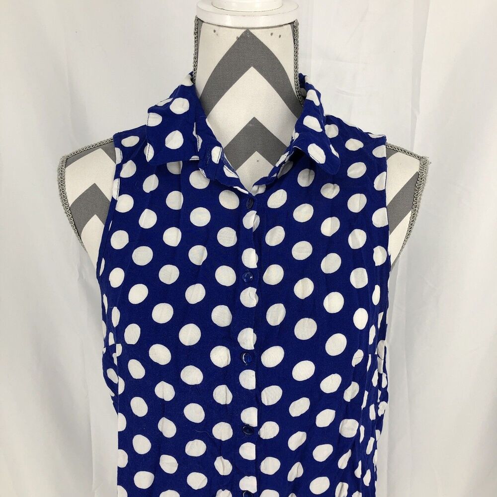 Unique Spectrum Sleeveless Blue White Polka Dot Button Front Blouse Large